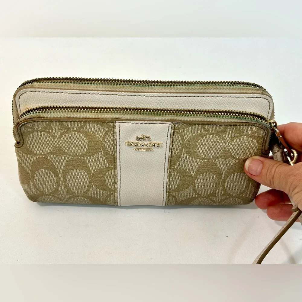 Coach Signature CC Khaki Double Zip Wristlet Wallet F52848